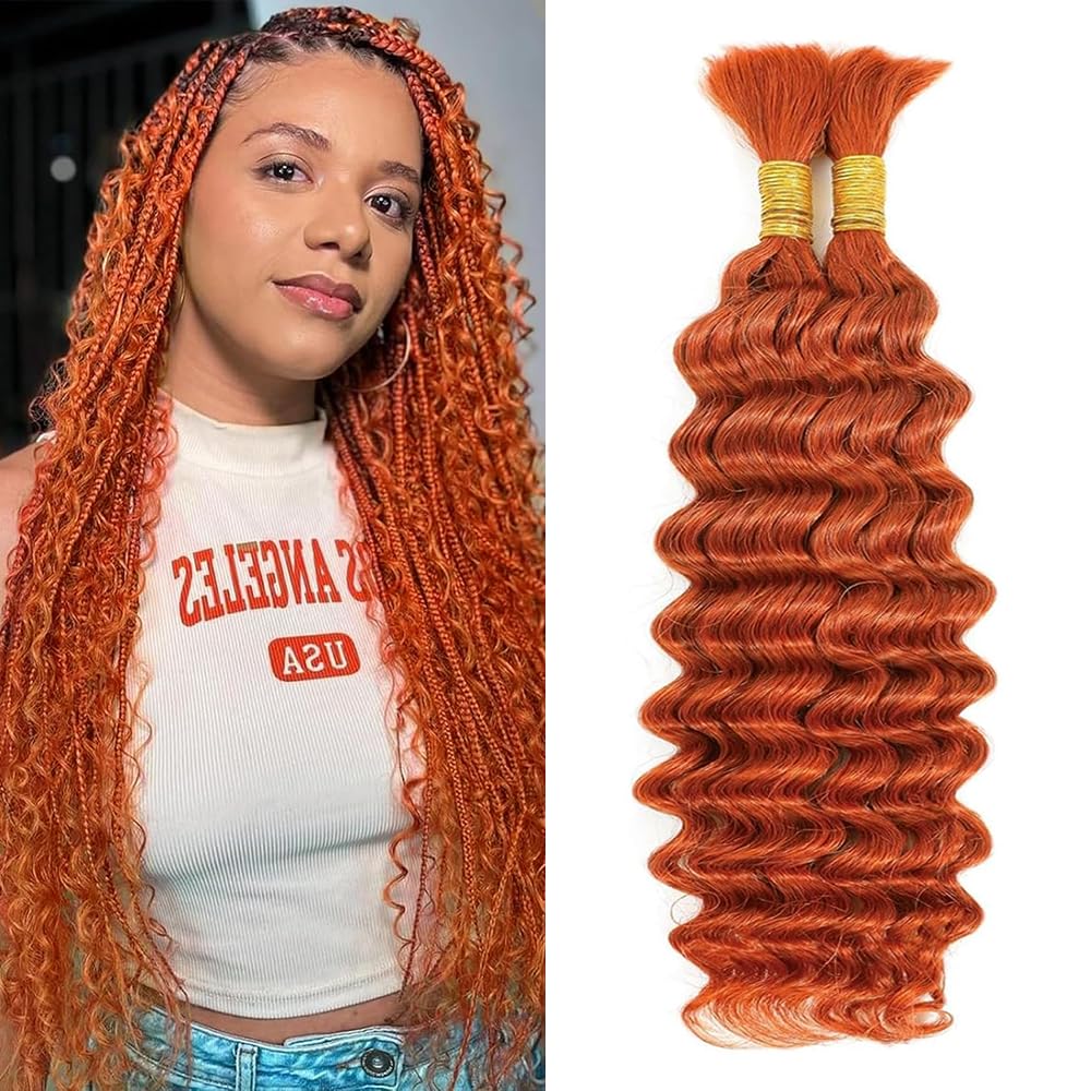 Ginger Boho Human Hair 14 Inch 2 Bundles 110g Orange Deep Wave Bulk Human Hair for Braiding Blonde Braiding Hair Bundles Curly Hair Extensions No Weft 2 Braids