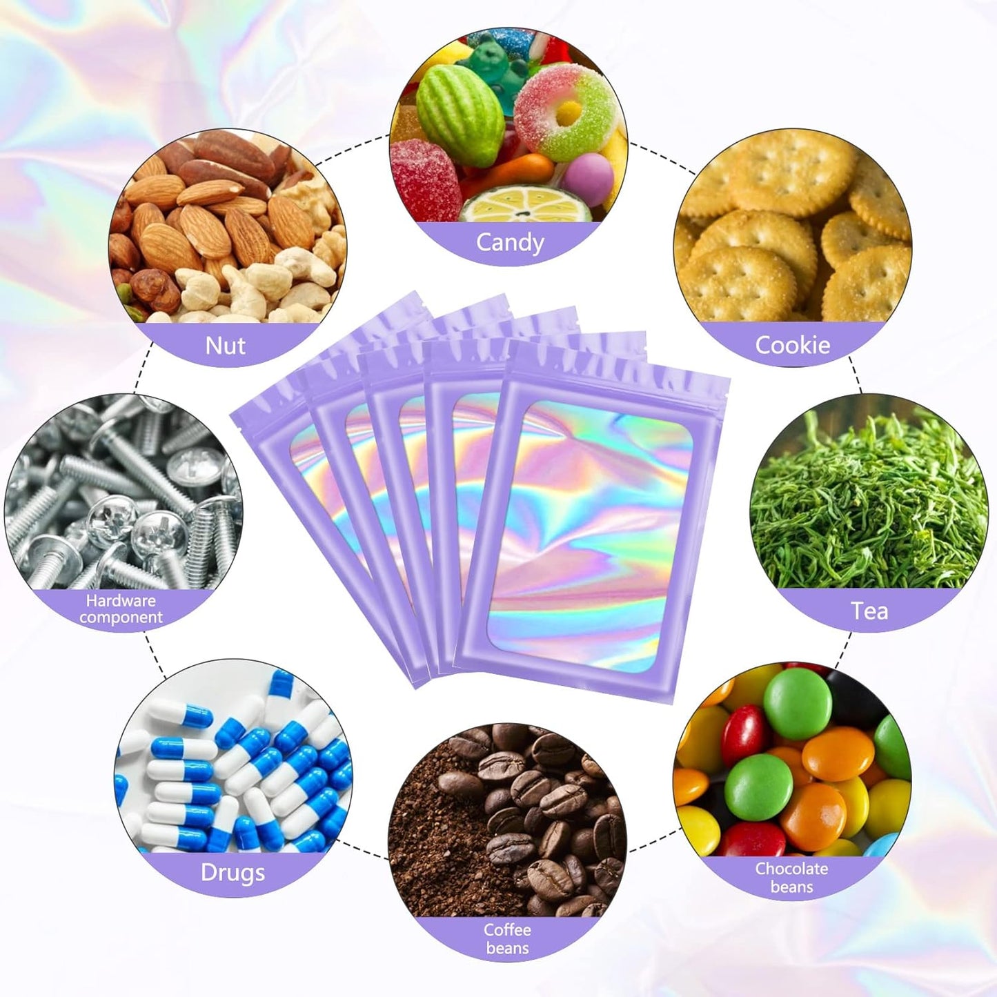 Purple Smell Proof Mylar Holographic Bags - 100 Pcs Resealable Odor Proof Foil Pouches for Food Storage | 2.4x3.9 In