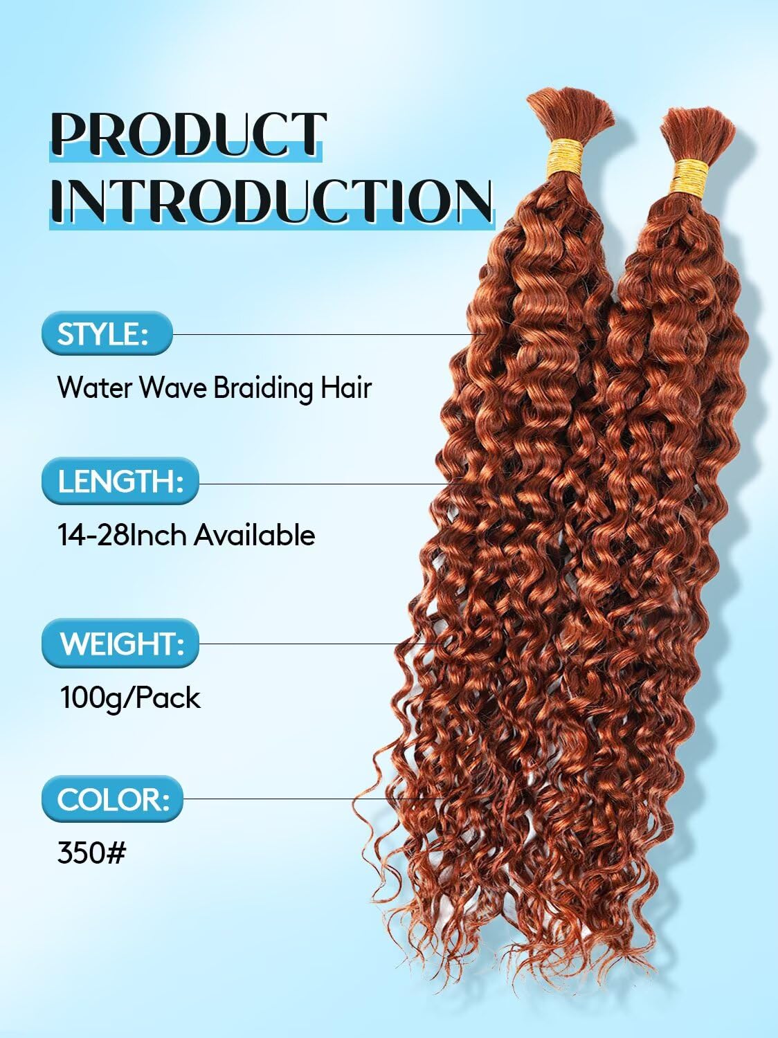 Human Hair for Braiding - #350 Ginger Copper Curly Bulk Hair | 12A Grade, 22 Inch, 100g (2 Bundles)
