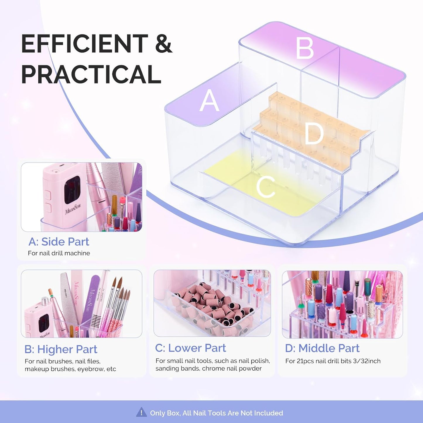 MelodySusie Nail Drill Holder - 21 Holes Organizer for Acrylic Nail Tools | Clear Storage Box for Efile Accessories