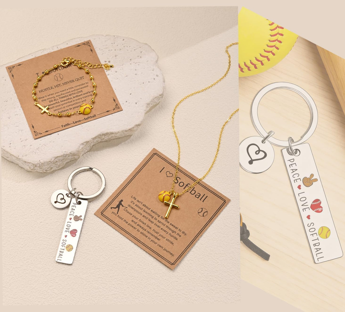 Softball Gifts Set for Women - Cross Charm Bracelet & Necklace, Makeup Bag, Hair Ties, Keychain & Stickers | Perfect Accessories for Sport Lovers