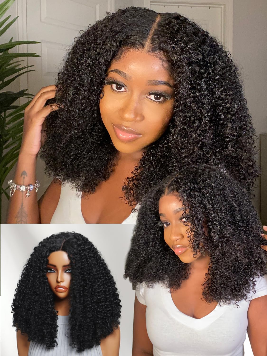YIROO Kinky Deep Curly Human Hair Wear and Go Glueless Bob Wig with Fiber Blend 180% Density Pre Cut 4x4 Lace Closure Pre Plucked Afro Kinky Curly Bob Wigs for Black Women Put On Go Bob Wigs 15Inch