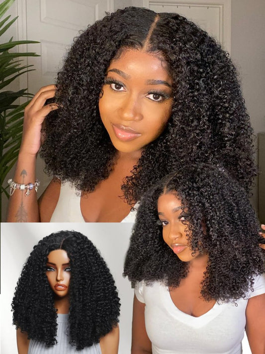 YIROO Kinky Deep Curly Human Hair Wear and Go Glueless Bob Wig with Fiber Blend 180% Density Pre Cut 4x4 Lace Closure Pre Plucked Afro Kinky Curly Bob Wigs for Black Women Put On Go Bob Wigs 15Inch