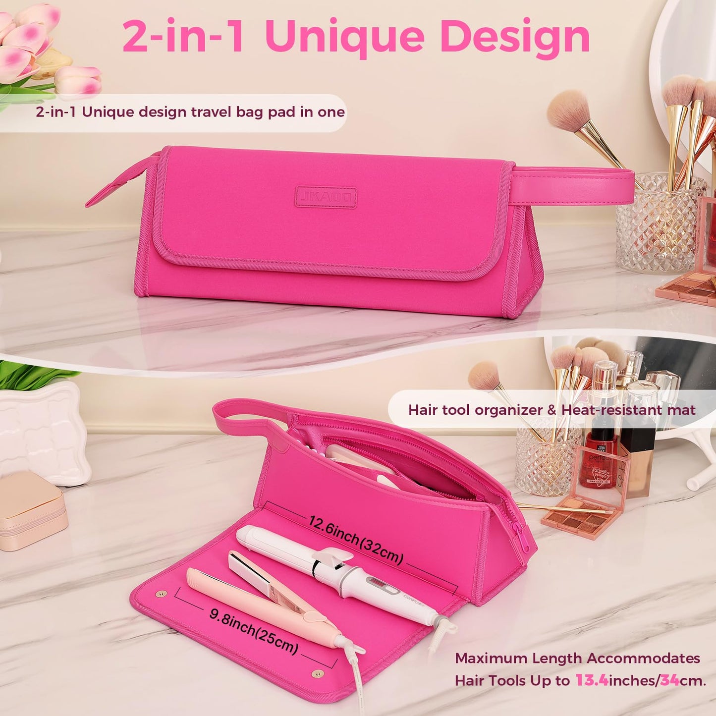 JKAOO Hair Tools Travel Bag and Heat Resistant Mat, 2 in 1 Portable Organizer Hair Travel Case for Curling Iron, Hair Straightener, Flat Irons, PU Hangable Handle, Neoprene (Vibrant RoseRed)