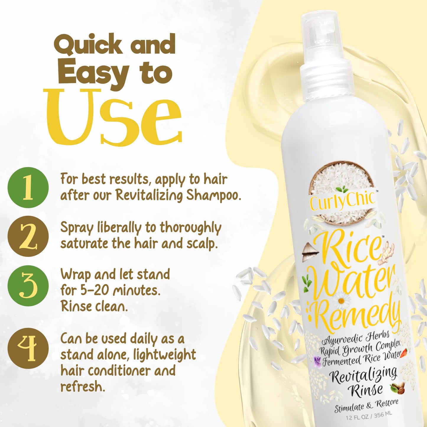 Curly Chic Rice Water Remedy Revitalizing Hair Rinse - Anti-Breakage & Strengthener, Ayurvedic Herbs, Nourishing Conditioner for All Hair Types - Sulfate, Paraben & Mineral Oil Free - 8 fl oz
