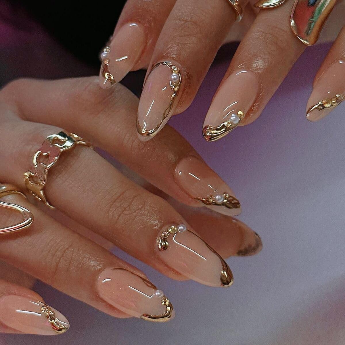Almond Press-On Nails - Ombre Purple Floral Butterfly Design | 24 Full Cover Rhinestone False Nails for Women