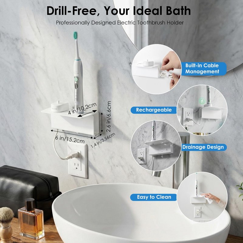 OAPRIRE Electric Toothbrush Holder for Bathroom, Acrylic Electric Toothbrush Holder Wall Mounted Come with Cable Organizer, Saving Space and Convenient Charging - White