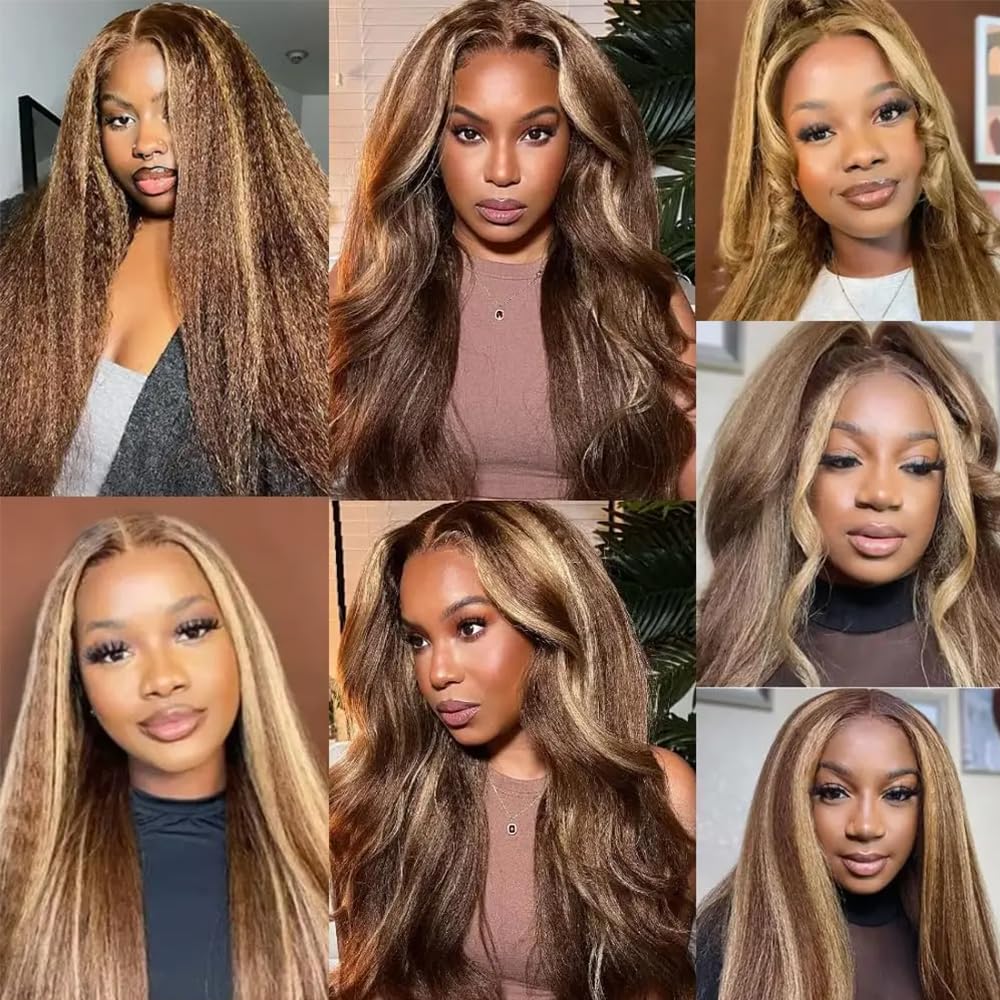 300g 28 30 32 Inch Highlight Bundles Human Hair Light Brown Kinky Straight Bundle Color 30 Human Hair 3 Bundles Brazilian Virgin Remy Hair Extensions