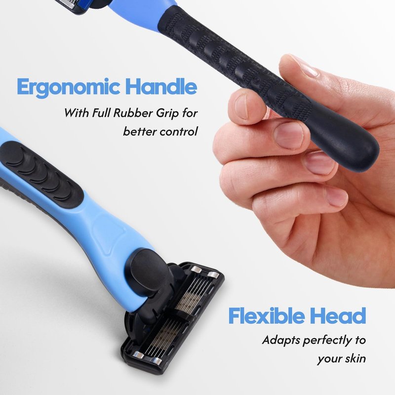 Phafaloop 6-Blade Men's Razor with Dual Lubrication, Shaving Kit for Men, 10 Piece Set, 1 Handle & 9 Refill Cartridges, Smooth Comfortable Shave (Blue)