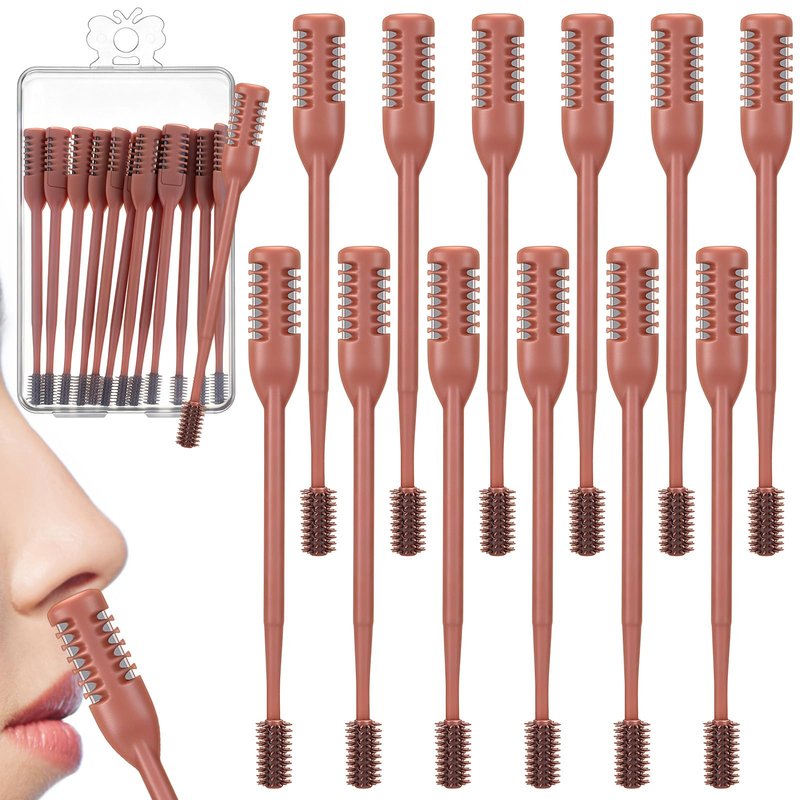 Lanties 12 Pcs 2 in 1 Nasal Hair Cutter 2026 Upgrade Design Double Sided Nose Hair Trimmer for Men Women Portable 360° Rotating Manual Nose Nasal Knife Soft Cleaning Brush Box Package (Khaki)