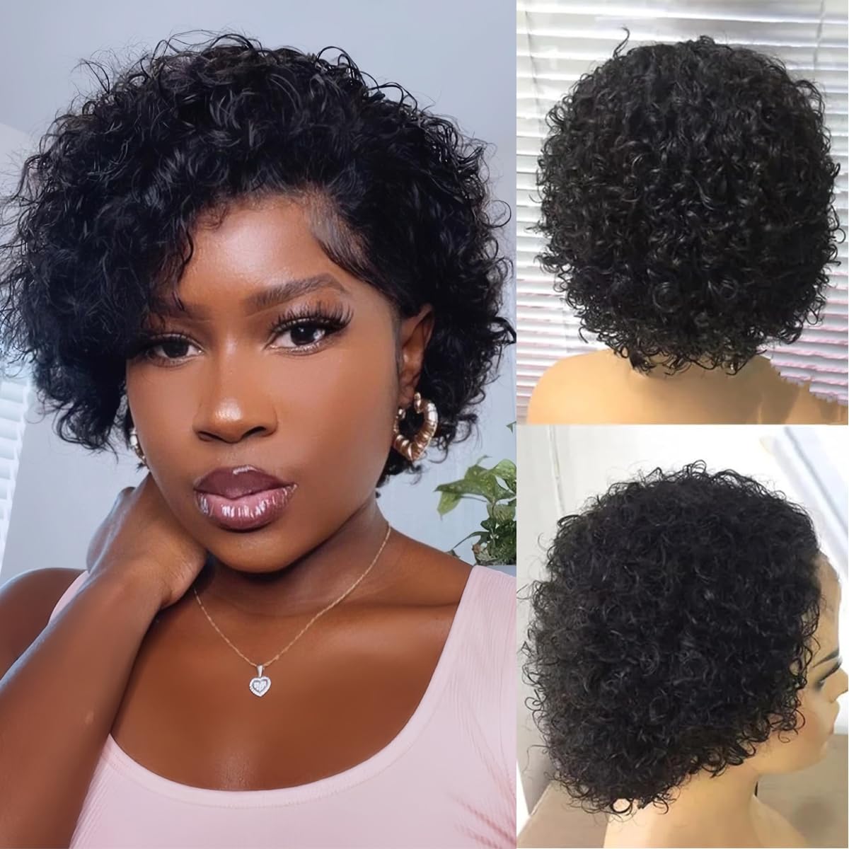 BLOCKICE Pixie Cut Wig Human Hair Stylish Curly Short Bob Wig Deep Wave 13x4 Lace Front Glueless Curly Human Hair Wigs for Black Women Natural Look Full Volume Lace Frontal 6 Inch
