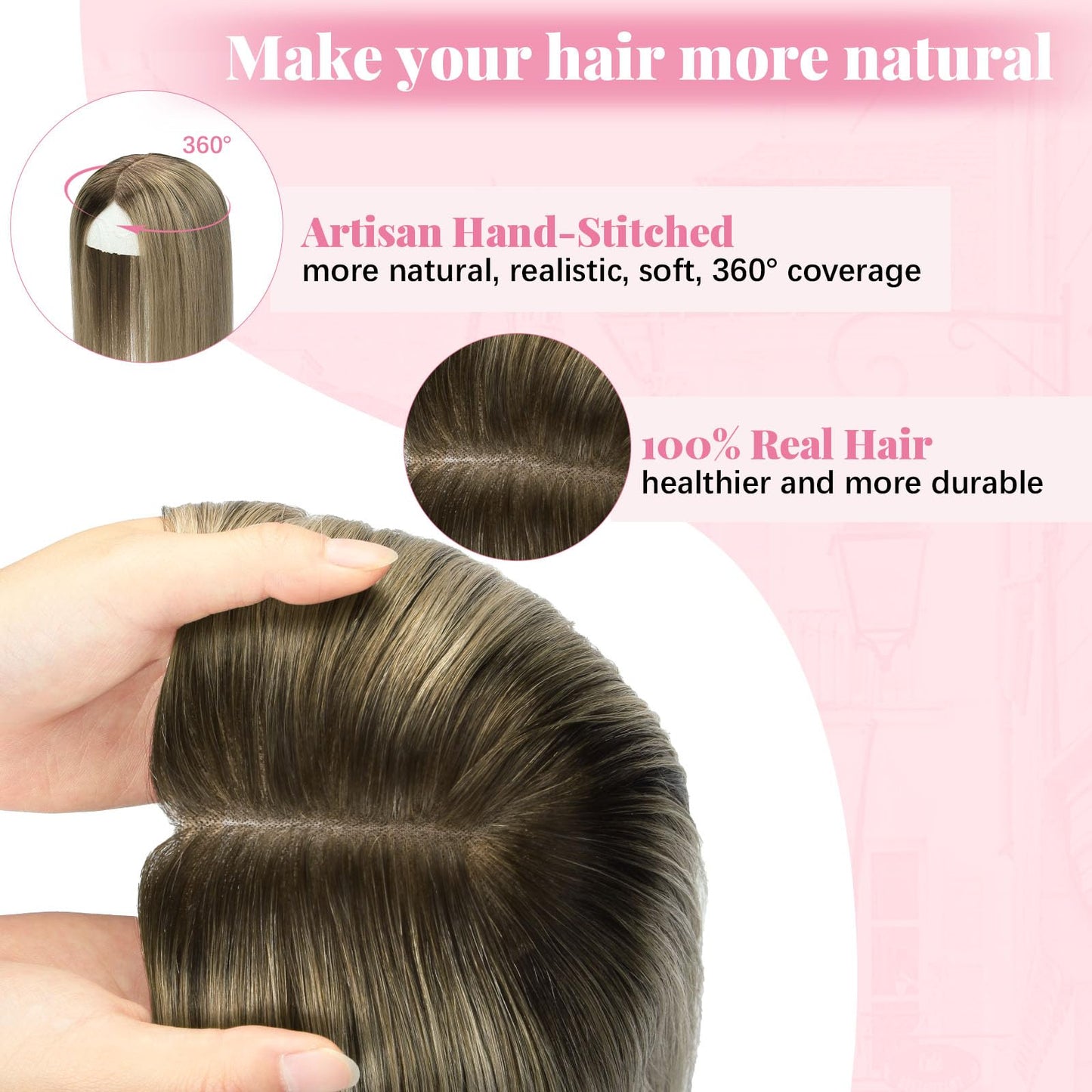 HappyNewHair Hair Toppers for Women Real Human Hair,6x7inch Large Base 360° 3D Human Hair Topper Dark Brown To Chestnut Brown Highlight Ash Blonde 12inch 55g