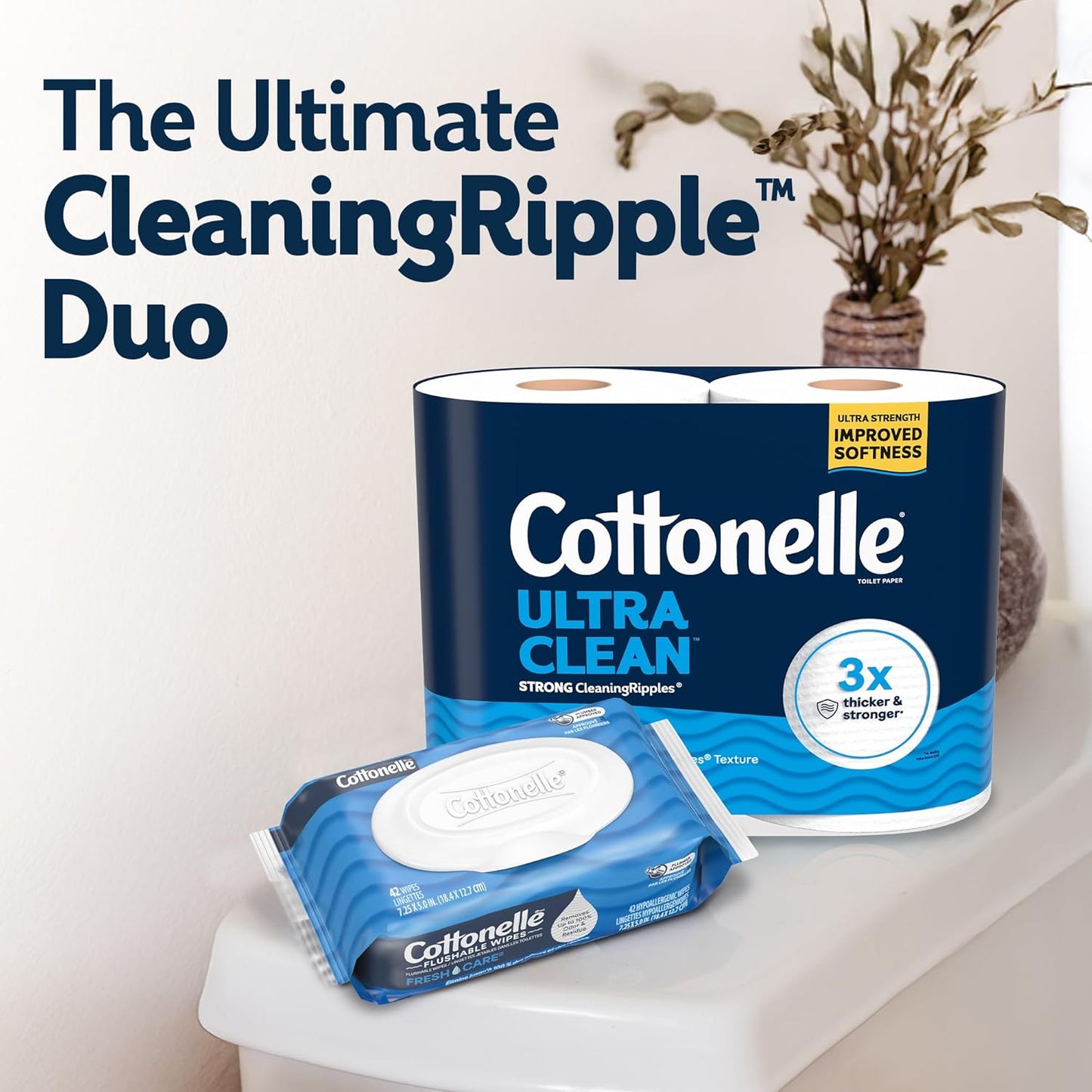 Cottonelle Ultra Clean Toilet Paper - Active Cleaning Ripples Texture, 24 Mega Rolls | Strong Bath Tissue