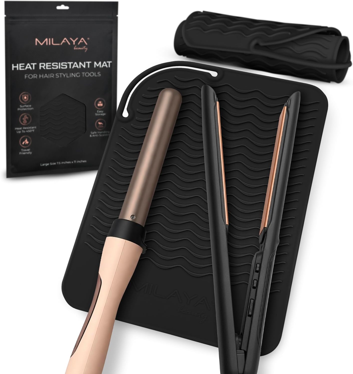 Milaya Beauty Large Heat Resistant Mat - Silicone Curling Iron & Flat Iron Holder | Non-Slip Vanity Accessory for Home & Travel
