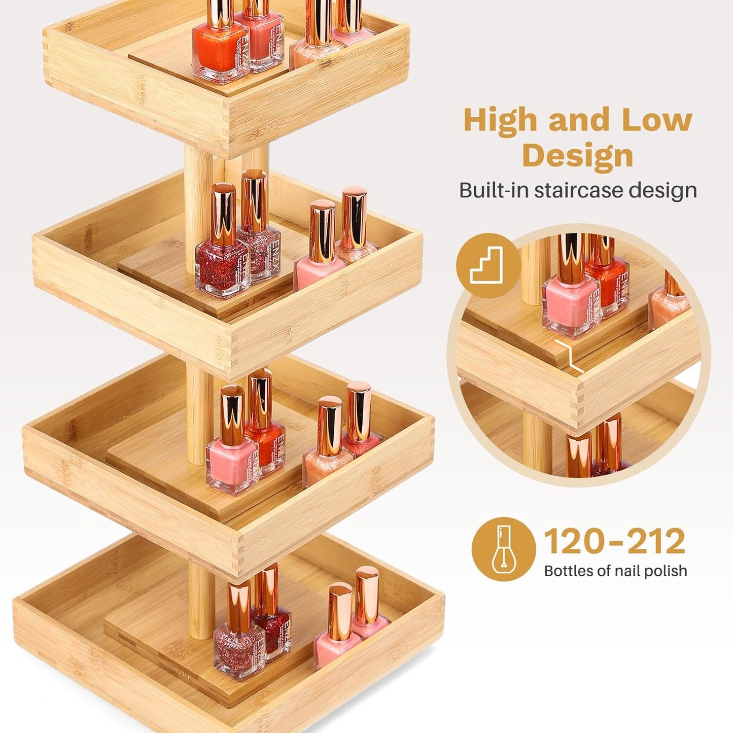 Nail Polish Display Stand - 360° Rotating Bamboo Rack Organizer | 4-Tier Makeup Holder for Easy Access - Brown
