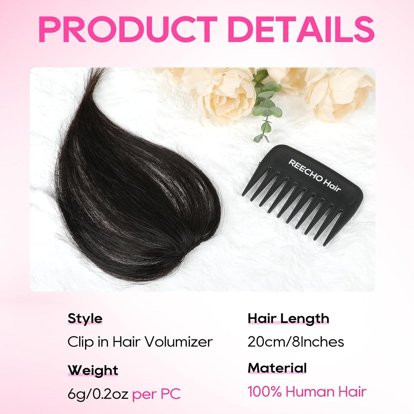REECHO Clip-In Hair Volumizer | Short Thick Extensions for Extra Volume - Off Black, 8 Inch