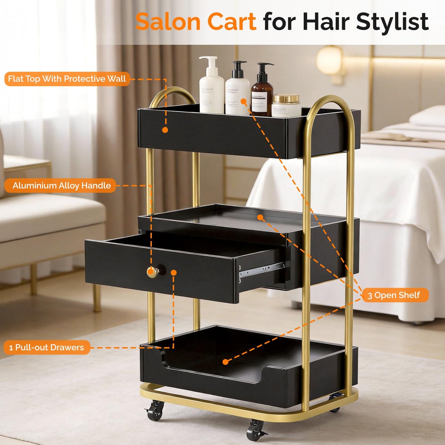 OmySalon Salon Trolley Cart, Hair Styling Station with 3 Trays & 1 Drawer, 2 Lockable Wheels, Esthetician Cart Mobile Storage Cabinet for Beauty Spa Barbershop, Black