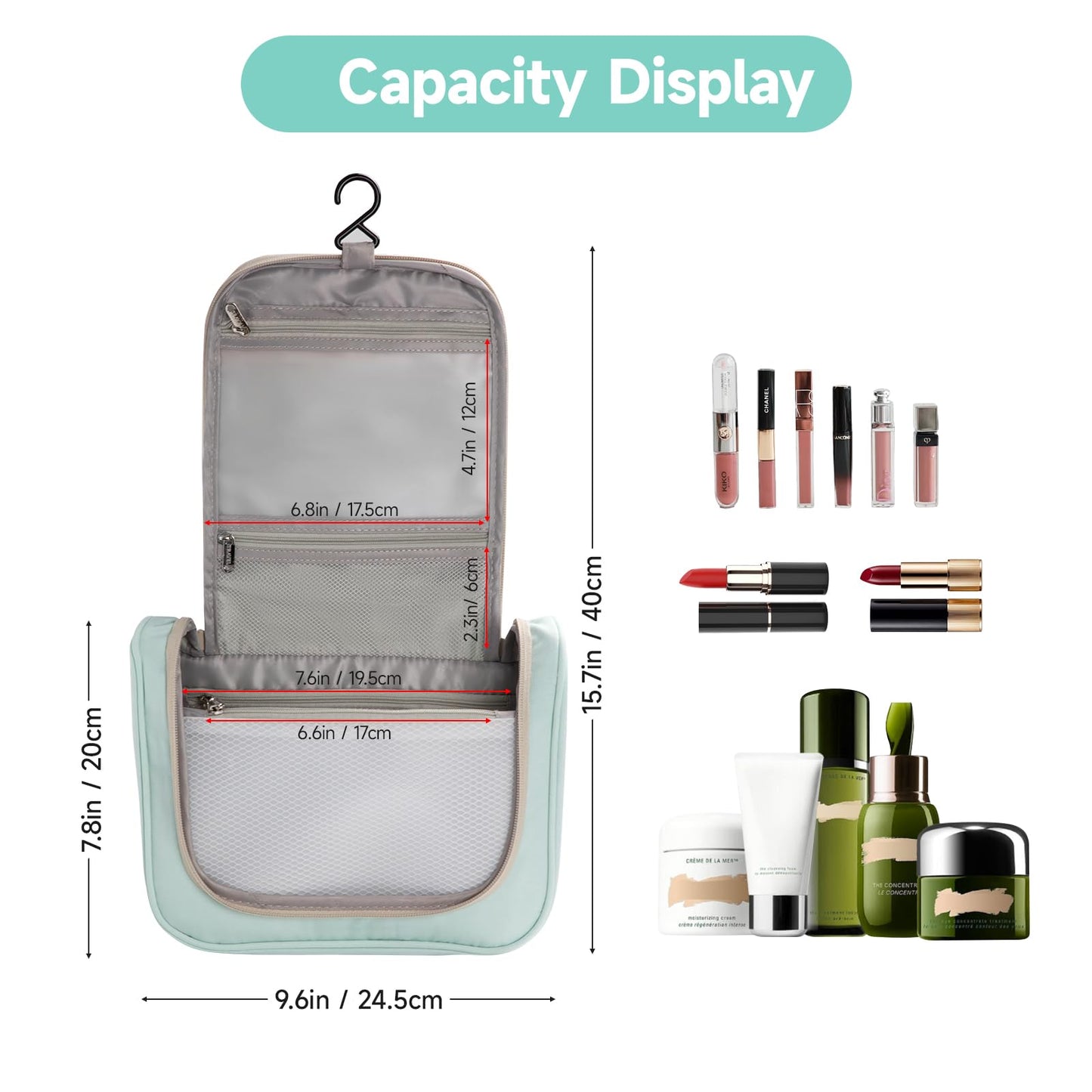 Posprica Hanging Toiletry Bag with Hook - Waterproof Travel Organizer with Multiple Compartments, Portable Cosmetic Makeup Bag for Women Men, Bathroom Gym Travel