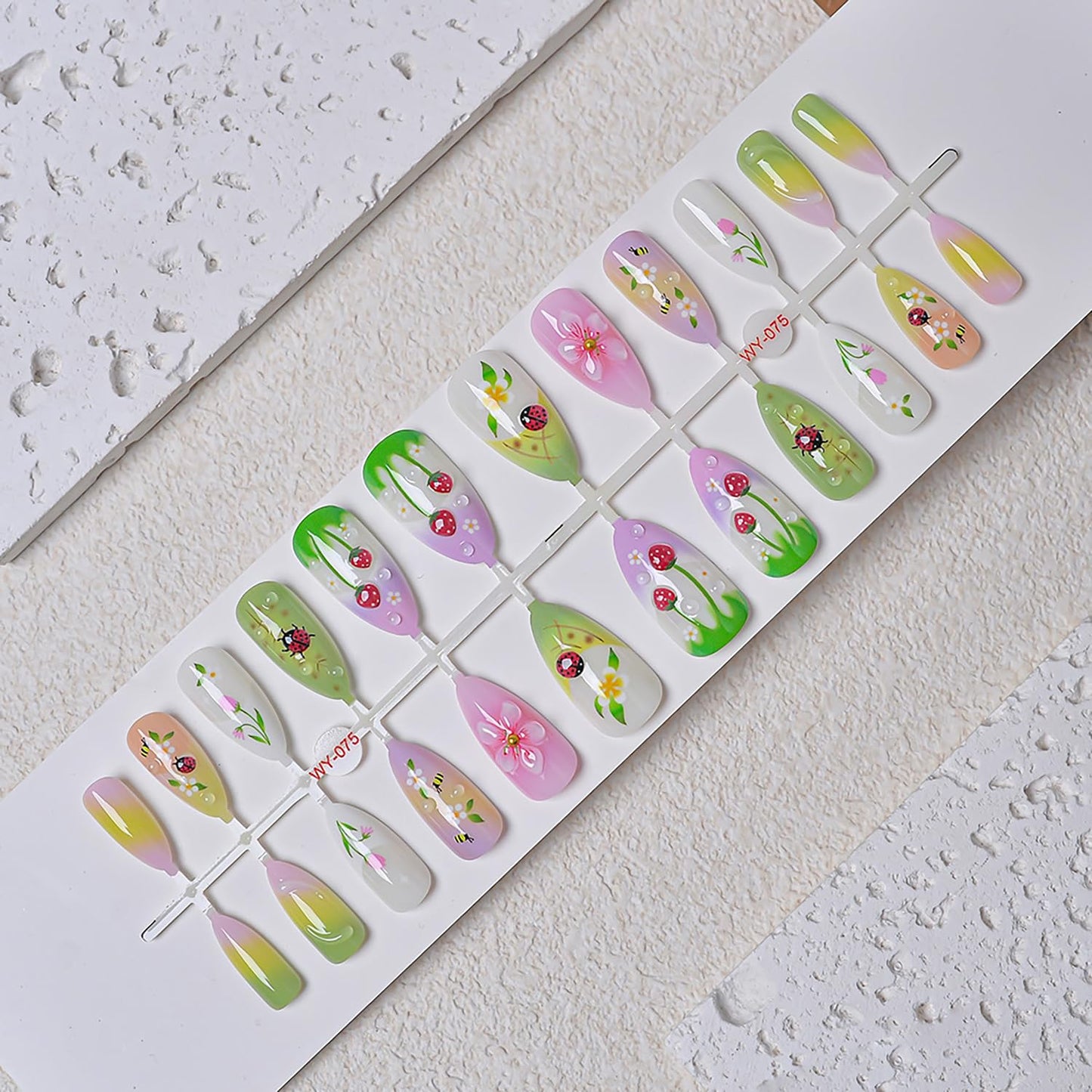 Medium Almond Press-On Nails - 24Pcs 3D Strawberry Flower Acrylic Set | Reusable French Tip Ladybug Design