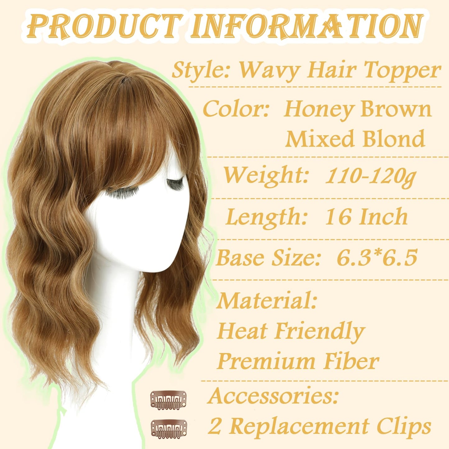 16 Inch Hair Topper for Women with Thinning Hair, Synthetic Curly Wavy Clip-In Topper with Wispy Bangs Natural Looking Crown Coverage Lightweight Hair Piece for Volume(Honey Brown)