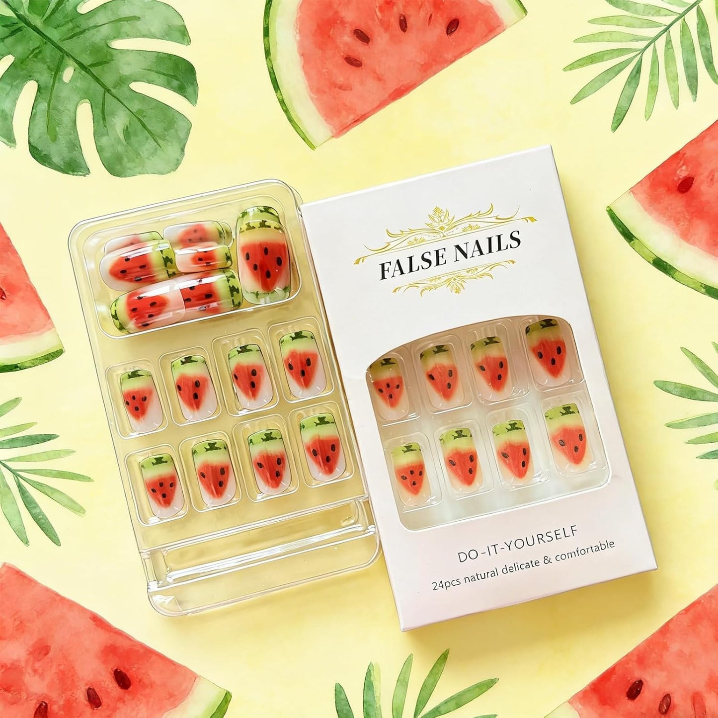Press-On Nails - Medium Square Watermelon French Tips | Glossy Acrylic Full Cover, Reusable 24 Pcs for Women