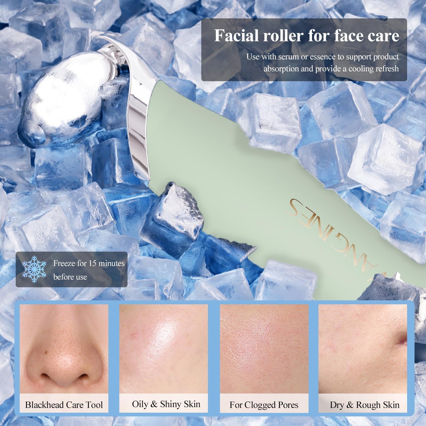 Vangines Blackhead Remover Tool with Ice Roller, Stainless Steel Face Scraper, Skin Scrubber Face Spatula for Deep Cleansing, 3-in-1 Skin Care Tool with 2 Silicone Brush Heads (Sage Mist)