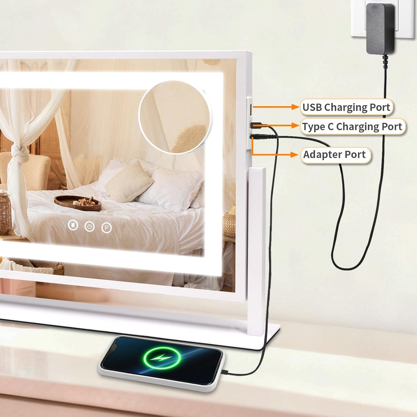 Lighted Makeup Mirror with Touch Control - 3 Color Modes, 10X Magnification & Dimmable LED | 24x19 Inch Desktop Mirror