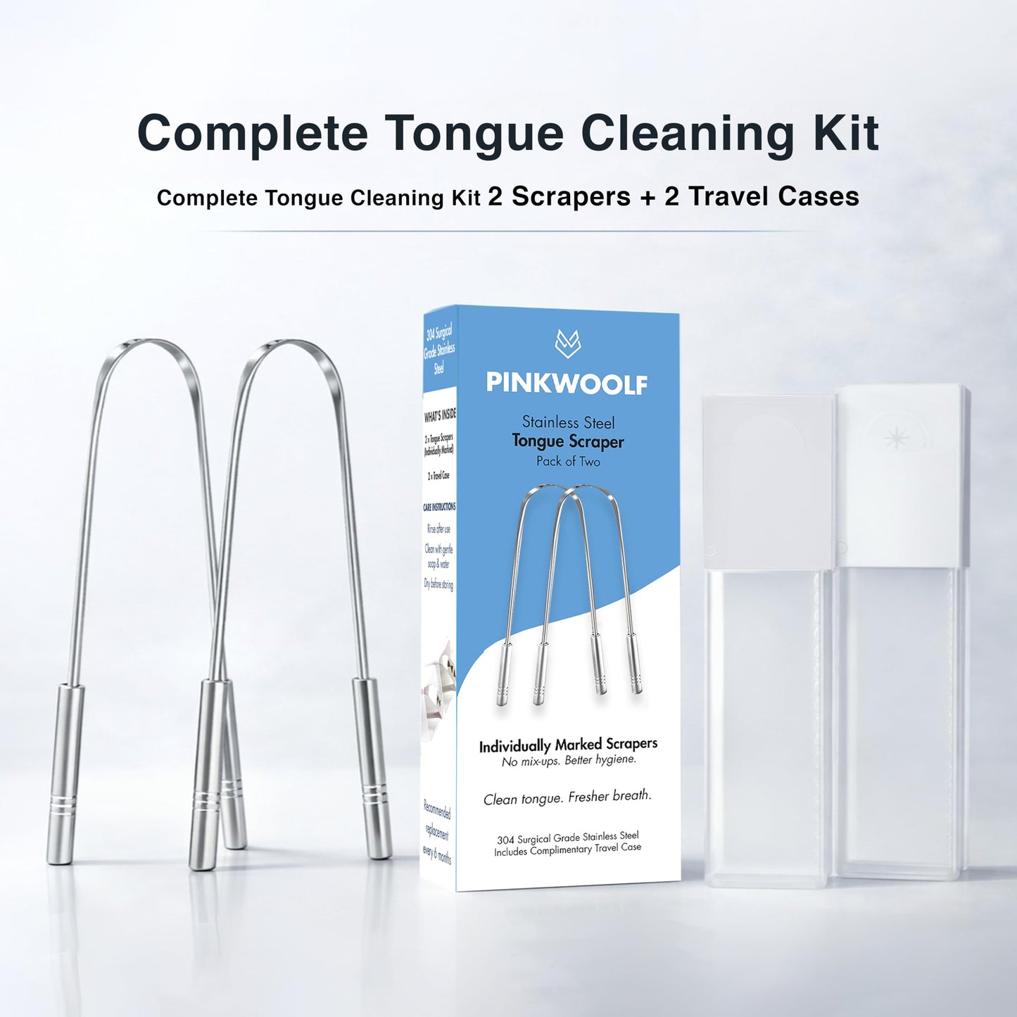 Pink Woolf Stainless Steel Tongue Scraper for Bad Breath & Oral Hygiene – 304 Metal Tongue Cleaner, Deep Reach for White Tongue, 2 Pack with Travel Cases