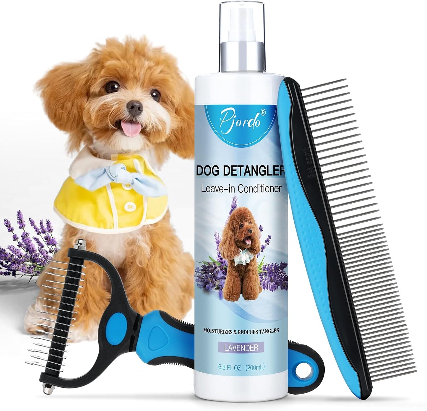 Dog Detangler Spray - Natural Leave-In Conditioner for Grooming | Lavender Scent, Includes Deshedding Brush & Metal Comb