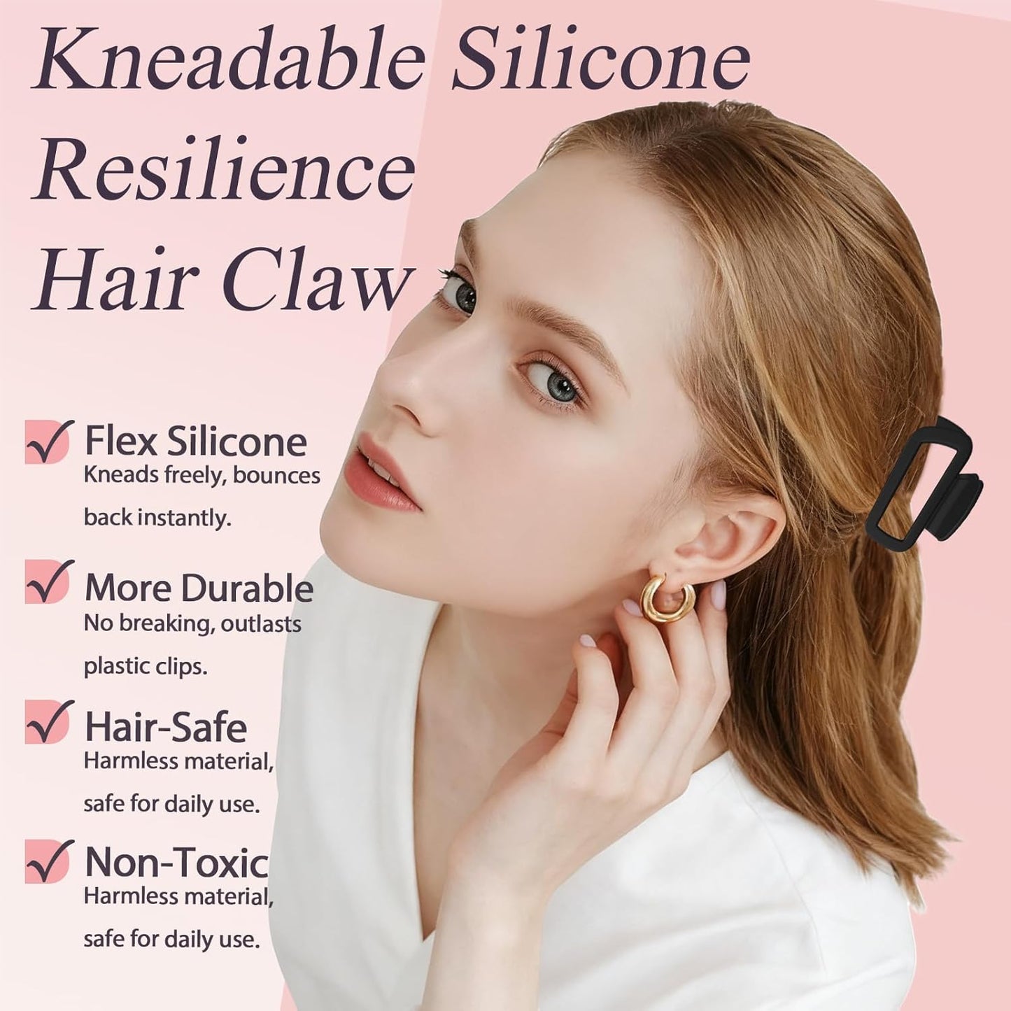 Flexible Silicone Hair Claw Clips - Strong Hold for Thin & Thick Hair | 2-Pack, 2.16in, Black
