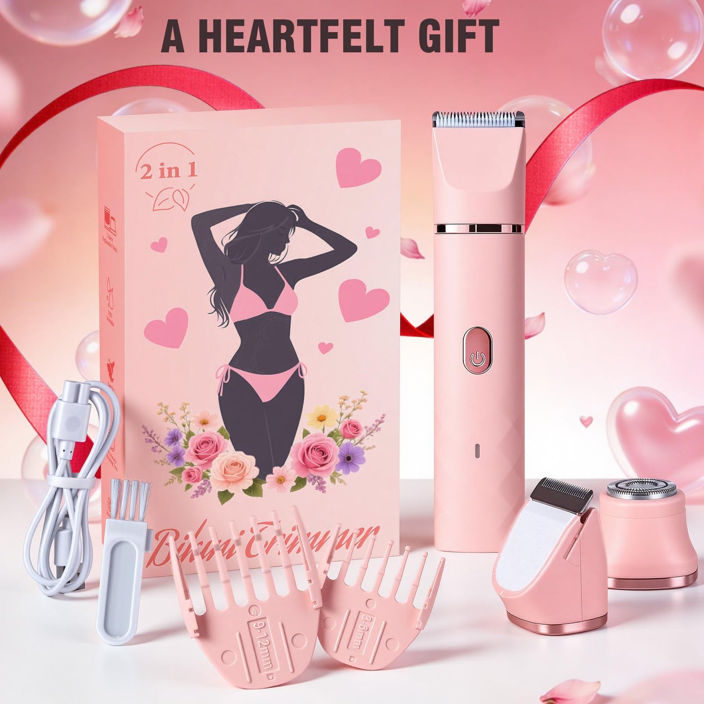 Bikini Trimmer for Women, 2-in-1 Electric Razor for Pubic Hair, Waterproof Wet Dry Body Shaver with Gentle Ceramic Blade, Rechargeable Portable Grooming Tool for Sensitive Areas, Pink
