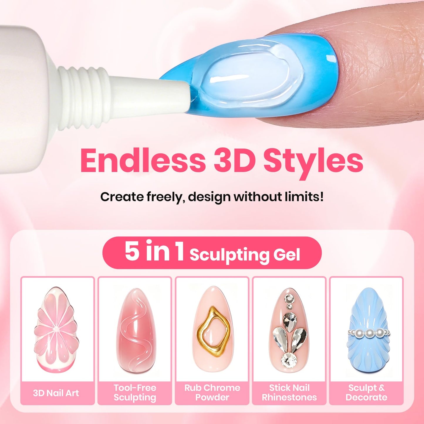 Beetles 3D Gel Nail Art, 5 in 1 Sculpting Clear Gel Glue, No Wipe Hema-Free for Drawing, Molding, Nail Charms, Rhinestones & Chrome Powder, Beginner-Friendly, DIY Home & Salon, UV/LED Lamp Needed,15g