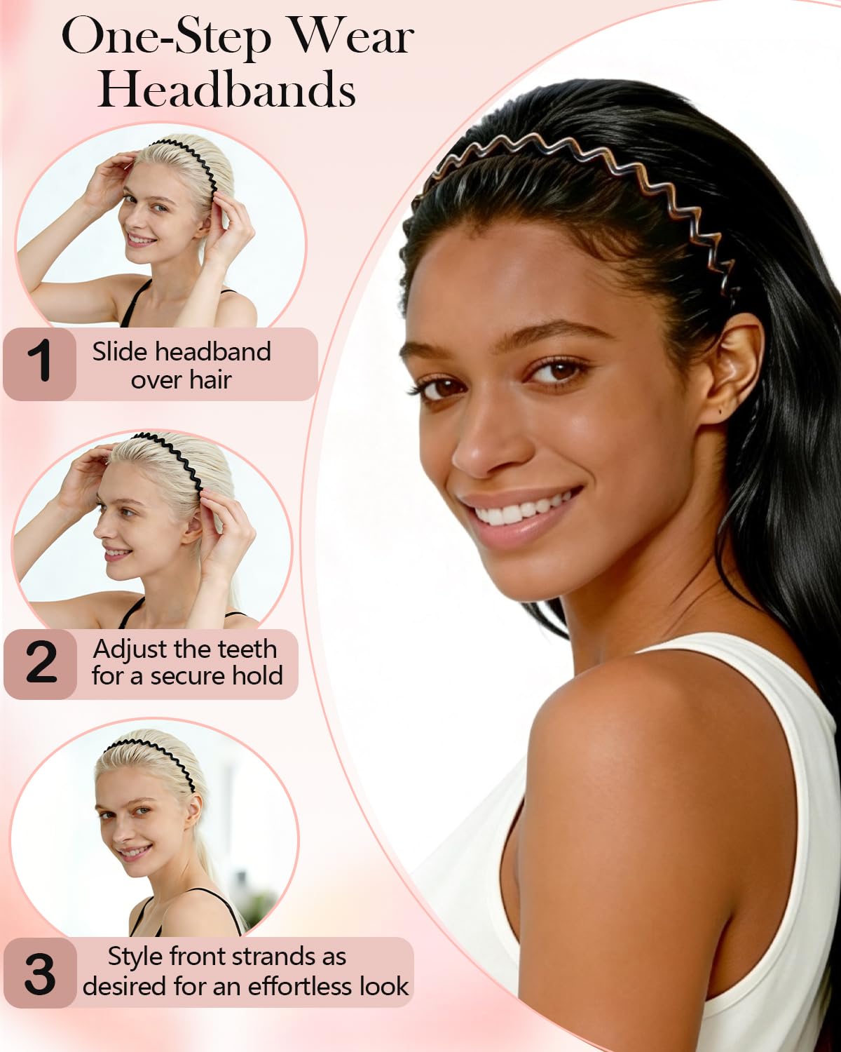 Zig Zag Headbands for Women - Non-Slip Comb Design | Comfortable Wavy Hair Accessories - Black & Tortoise, 2 Pcs