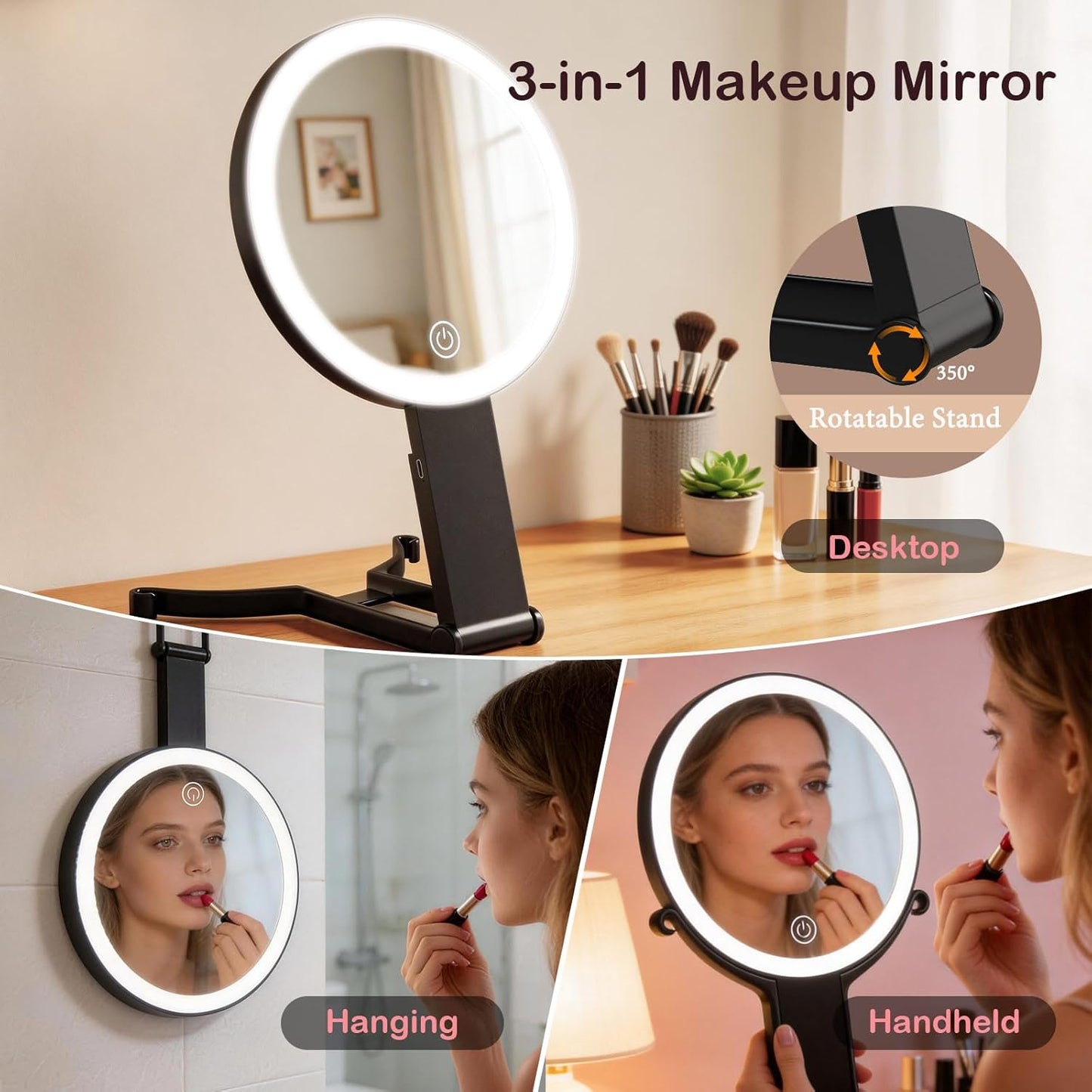 Double-Sided Makeup Mirror with Lights - 20X/1X Magnification, 3 Color Lighting, Adjustable Brightness | Portable Handheld for Travel & Desktop (Black)