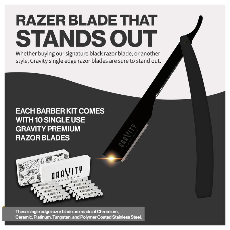 GRAVITY RAZORS Professional Straight Razor Kit – Minimal Exposure, Includes 10 Premium Blades, 0.5mm Exposed, Black