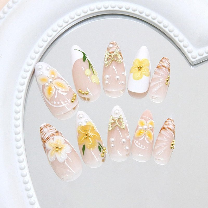 Handmade Press-On Nails - 24Pcs Almond Medium Fake Nails with Pearl Gold Beads & 3D Butterfly Design | Yellow Spring Summer