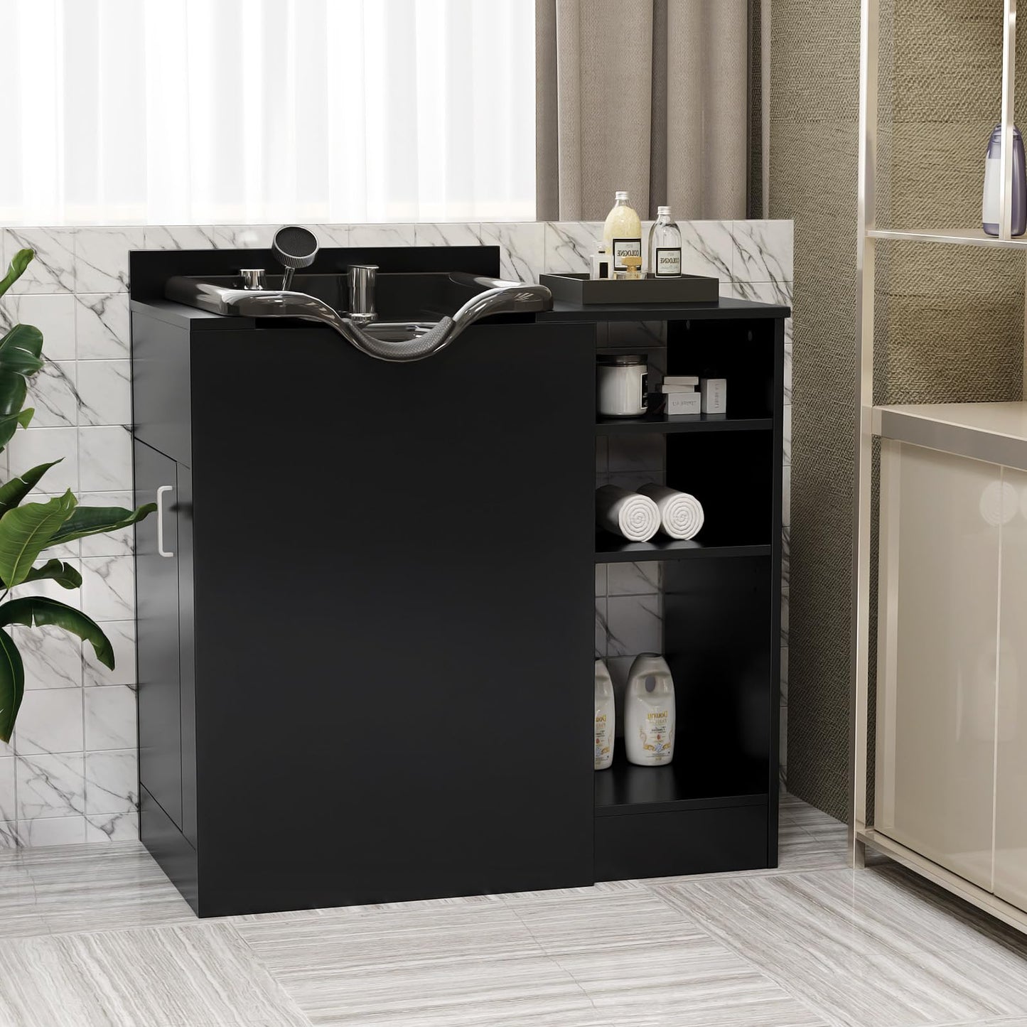 OmySalon Shampoo Bowl with Cabinet, Portable Salon Hair Washing Station with Adjustable Shelf, UPC Certified Faucet, Freestanding Backwash Sink for Barber, Beauty Salon, Spa