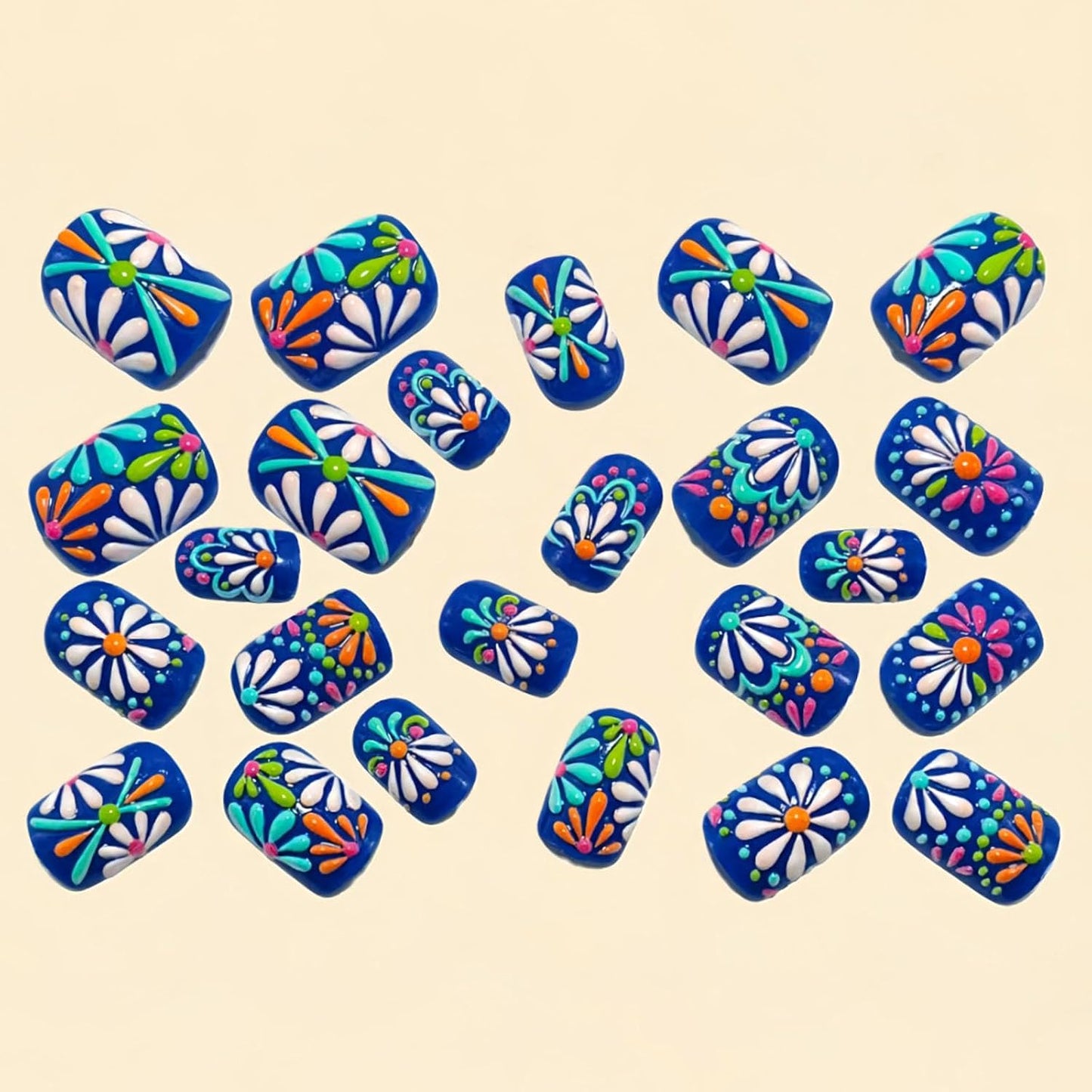 3D Flower Press On Nails | 24 Pcs Short Square Fake Nails with Blue Daisy Designs for Spring & Summer Manicure