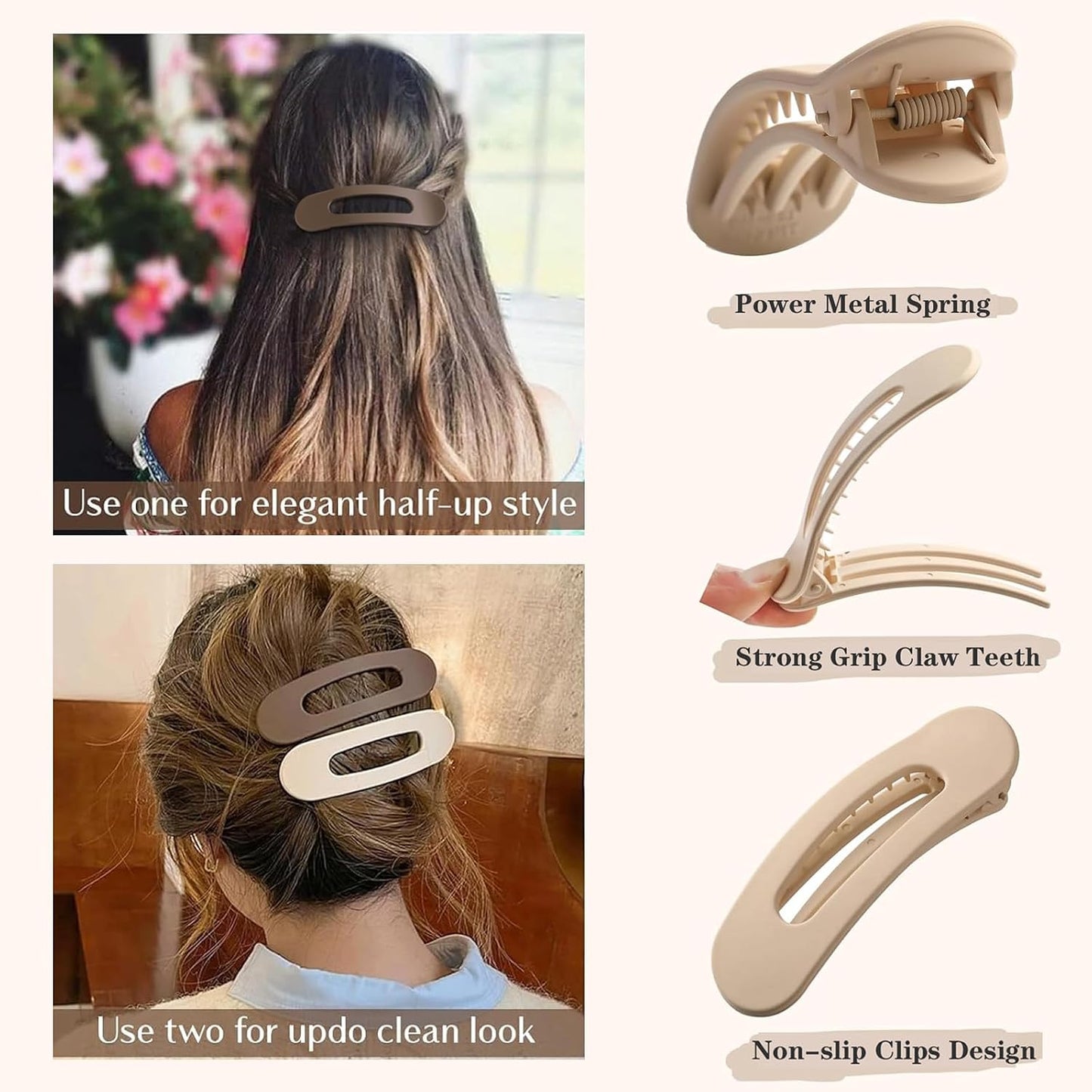 Flat Hair Clips - 5 Pcs Medium Lay Flat Claw Clips for Women | Strong Hold Non-Slip Matte Hair Claws for Thick & Thin Hair