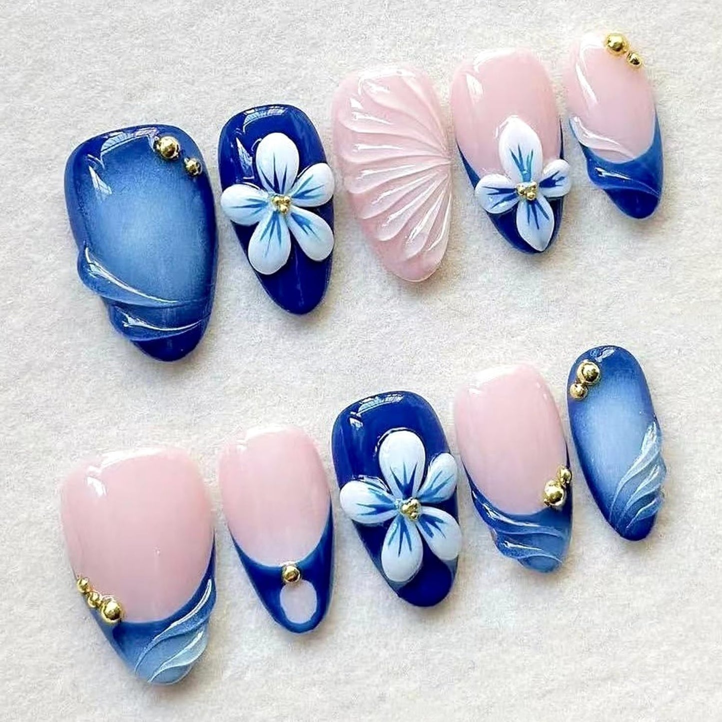 Almond Press On Nails - 30Pcs Medium Fake Nails with 3D Floral Art | Red French Gradient Acrylic for Women