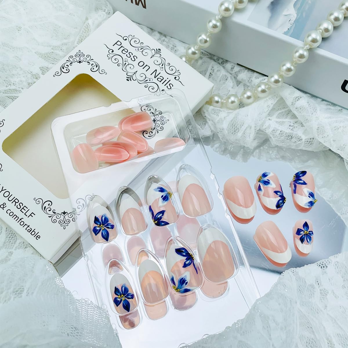 French Tip Press-On Nails - 24 Pcs Medium Almond 3D Flower Design | Glossy Acrylic Full Cover with Gold Pearl Accents