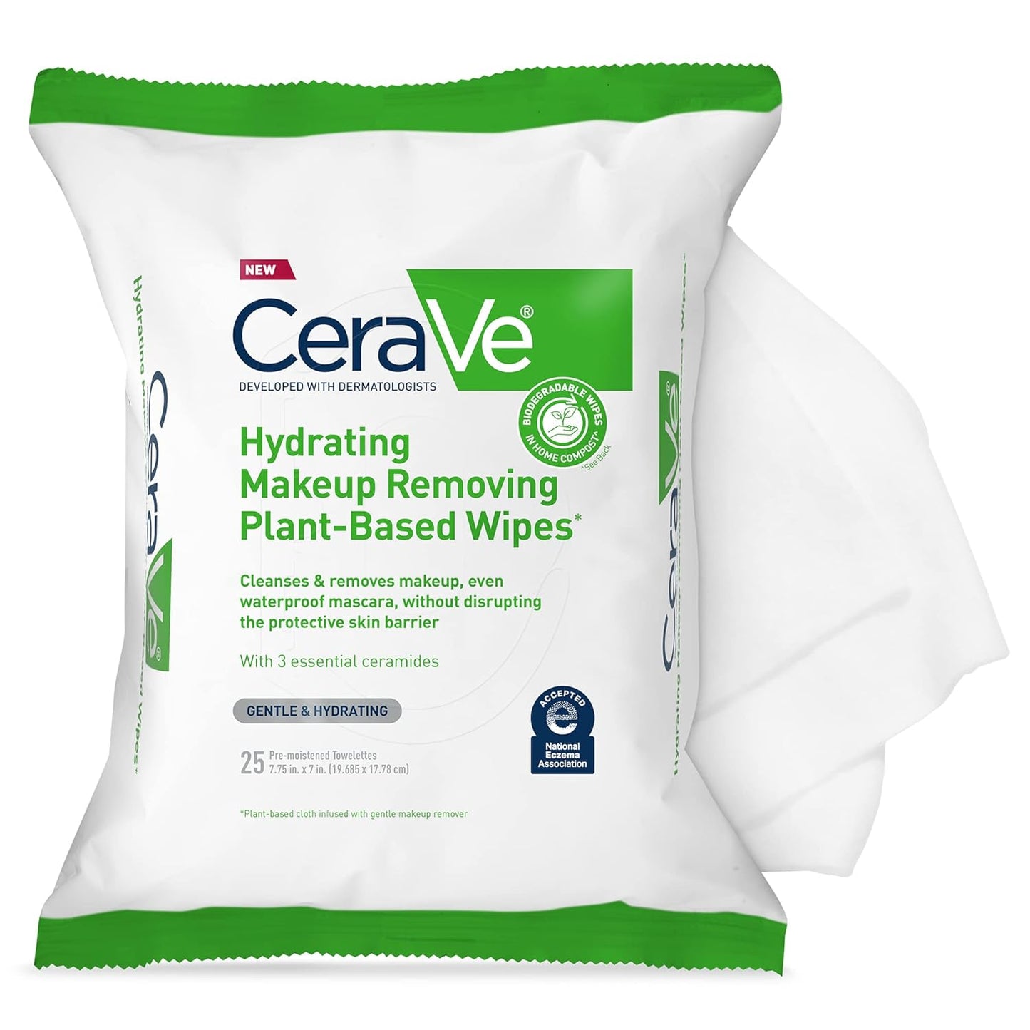 CeraVe Makeup Remover Wipes - Plant-Based, Biodegradable Face Wipes for Sensitive Skin | 25 Count, Fragrance-Free