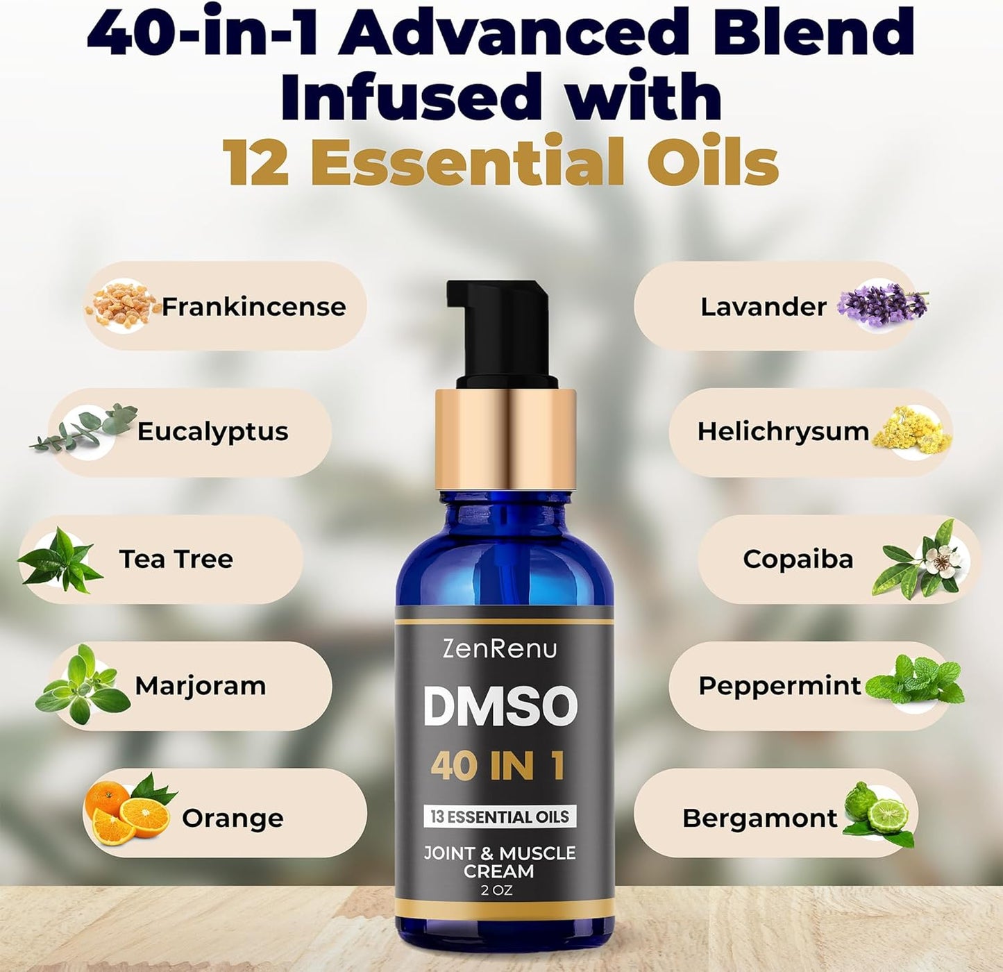 DMSO Cream 99.995% Pure - Advanced 40-in-1 Formula with 13 Essential Oils & Aloe Vera | 2 oz Glass Pump Bottle