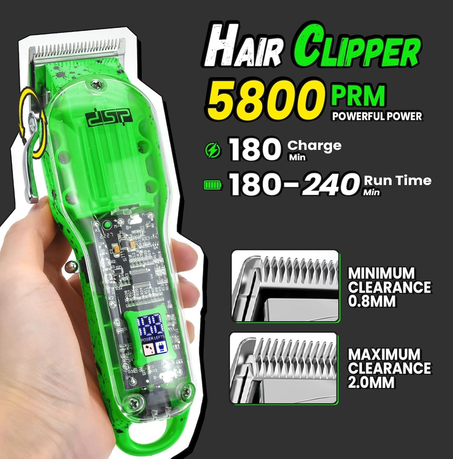 DSP Hair Clipper Set - Professional Rechargeable Trimmer & Shaver Kit for Men | Travel Case, LED Display, Green