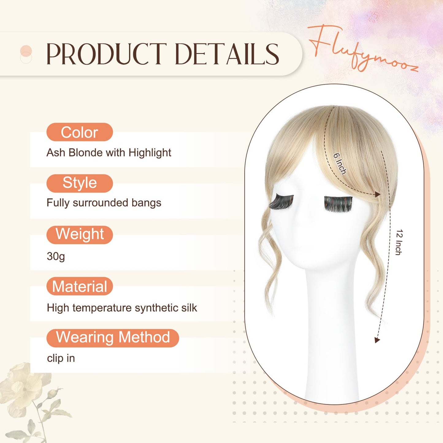 Flufymooz Clip in Bangs,12 Inch French Bang Fringe with Temples Hairpieces for Women Daily Wear