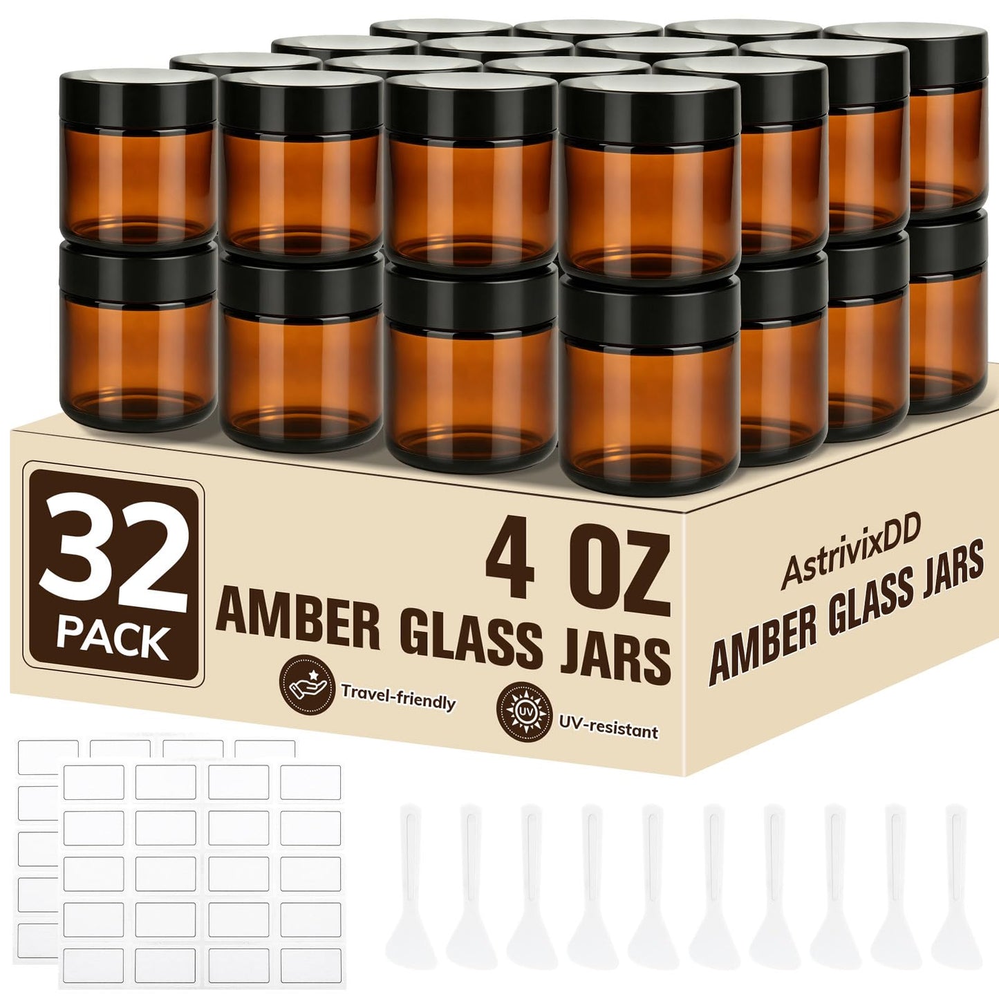32 Pcs 4 oz Glass Jars with Lids, Amber Glass Jars with 40 Labels & 10 Spatulas, Inner Liners, LeakProof, UV-Protective,Round Glass Containers for Essential Oils, Spices, Candle Making,DIY