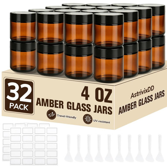 32 Pcs 4 oz Glass Jars with Lids, Amber Glass Jars with 40 Labels & 10 Spatulas, Inner Liners, LeakProof, UV-Protective,Round Glass Containers for Essential Oils, Spices, Candle Making,DIY