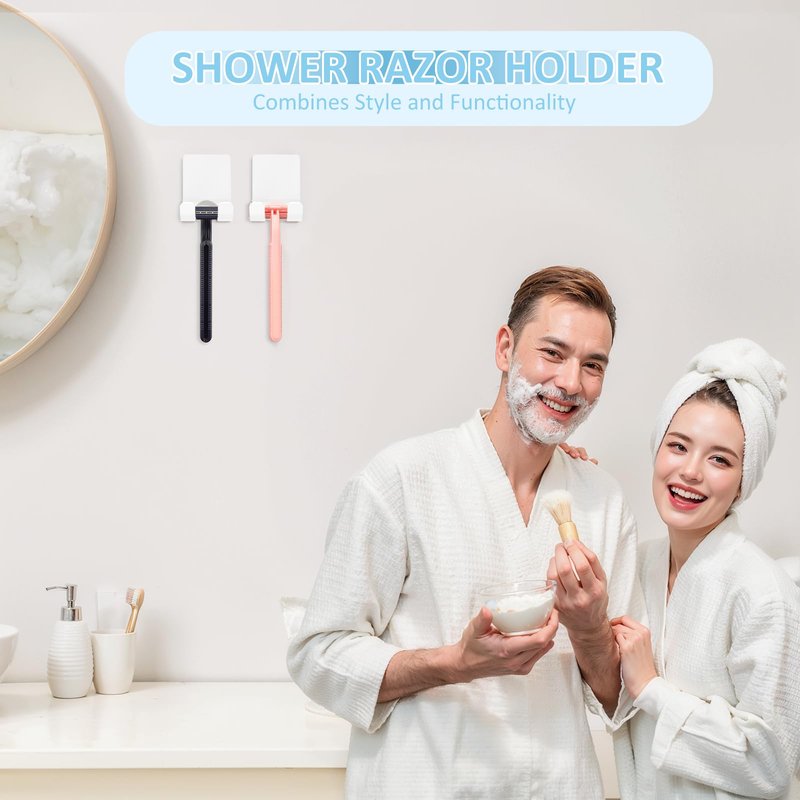 VIS'V Shower Wall Razor Holder, Metal Adhesive Razor Hooks for His and Hers, Waterproof, White, 2 Pcs