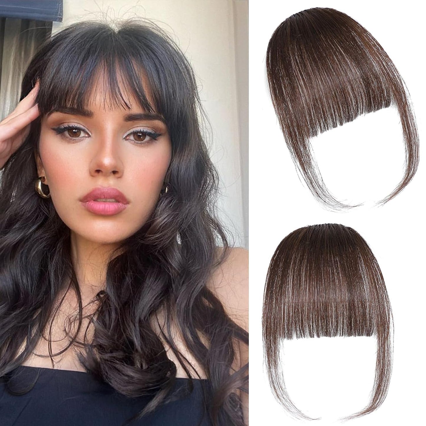 Clip In Bangs - 100% Real Human Hair Extensions | Natural Black Wispy Fringe for Women