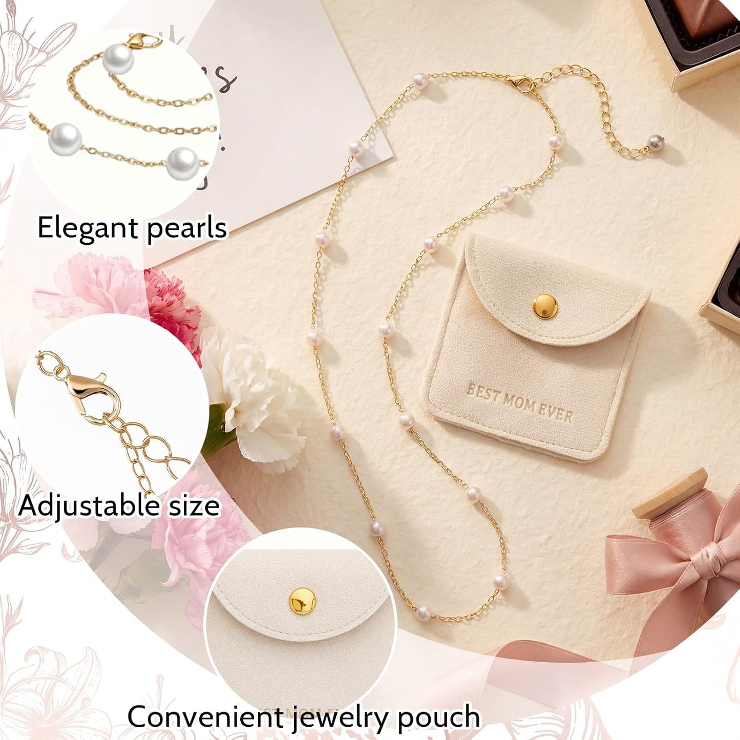 Gold Pearl Choker Necklaces - 12 Sets Mother's Day Church Gifts | Adjustable with Jewelry Pouch